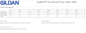 Gildan 50/50 Dri-Blend t-shirt measurements